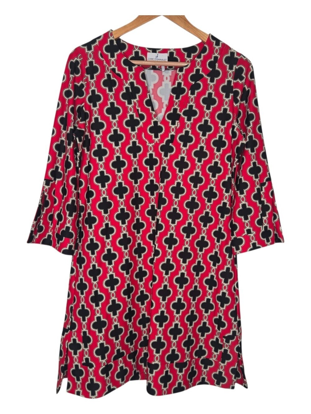 Jude Connally Womens Red Morroccan Quatrefoil 3/4 Sleeve Shift Dress Medium